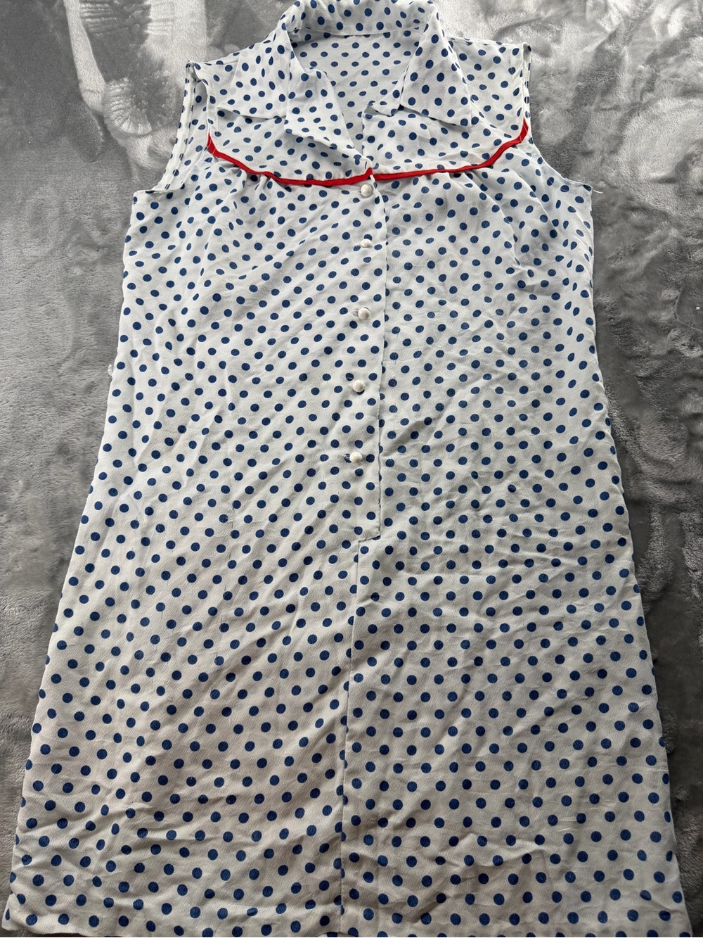 Sleeveless Asymmetrical Shift Dress in White with Blue Polka Dots and Red Trim